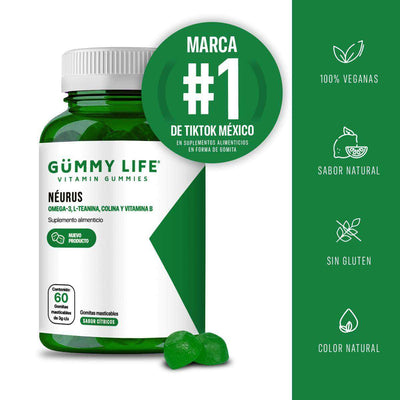 Envase de Gummy Life Néurus gomitas cítricas con Omega 3, L-Teanina, Colina y Complejo B