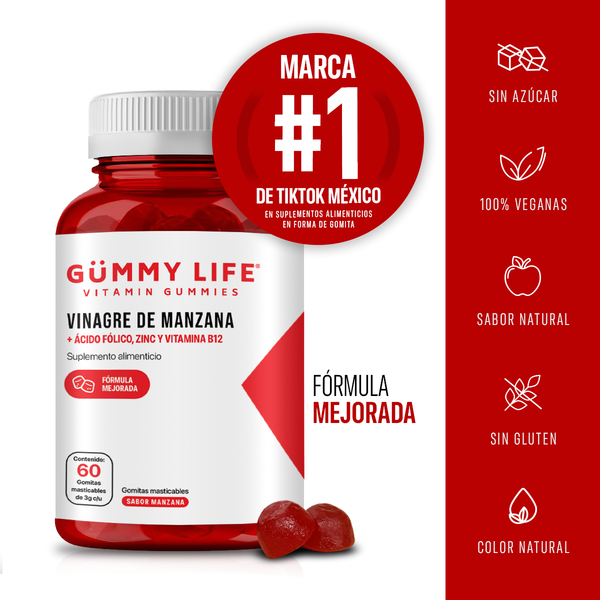 Gummy Life - Gomitas de Vinagre de Manzana con Ácido Fólico y Vitamina B12, Sin Gluten y Veganas - Mejor forma de tomar el Vinagre de Manzana, dos al día