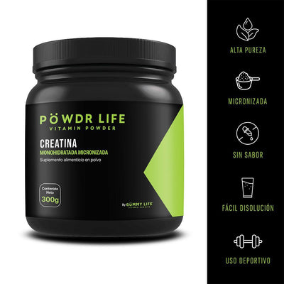 Envase de Powdr Life creatina monohidratada micronizada alta pureza sin sabor soluble