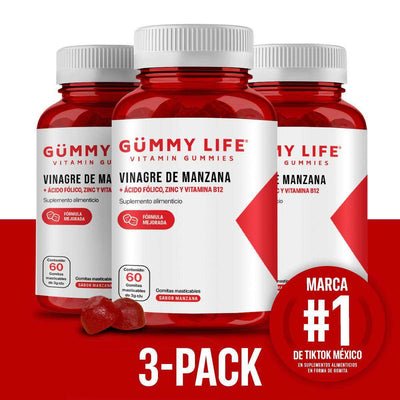 Gummy Life 3 Pack apple-flavored gummies with apple cider vinegar, folic acid, and vitamin B12, gluten-free and vegan
